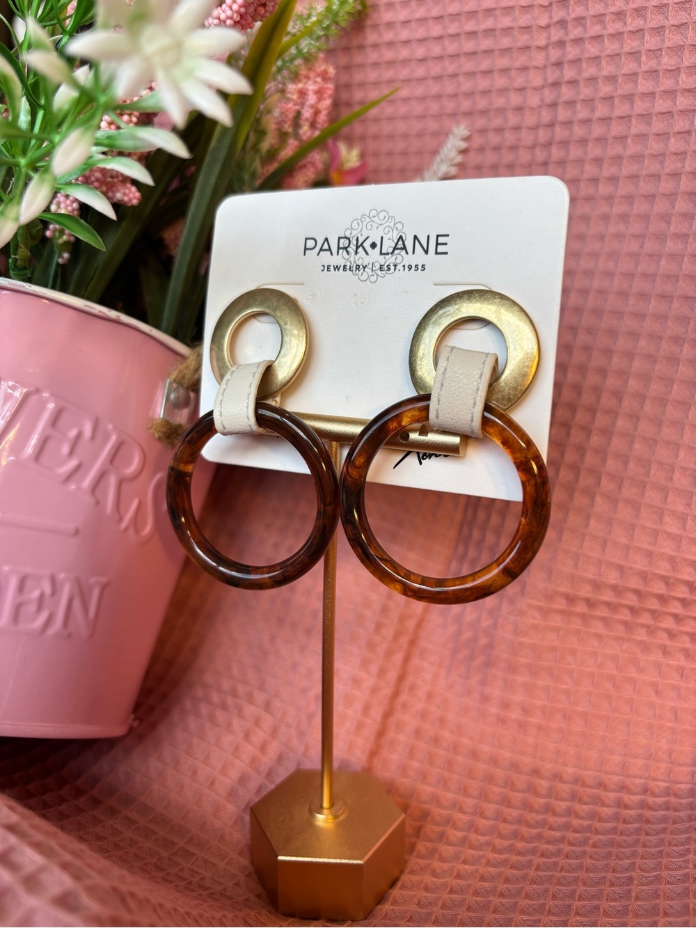 Park Lane Fawn Funky Fun Gold, Brown & Cream Hoop Drop Stud Earrings - Picture 7 of 7